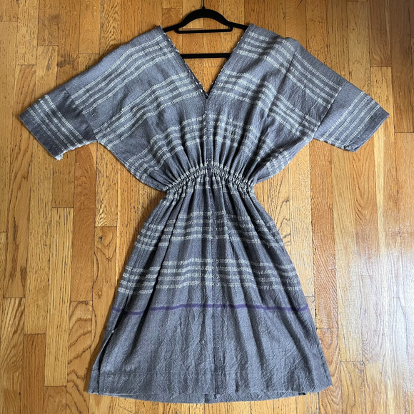 LemLem Gray Merino Wool Striped Dress Raw Hem Textured Knit Minimalist Natural M - Picture 1 of 13